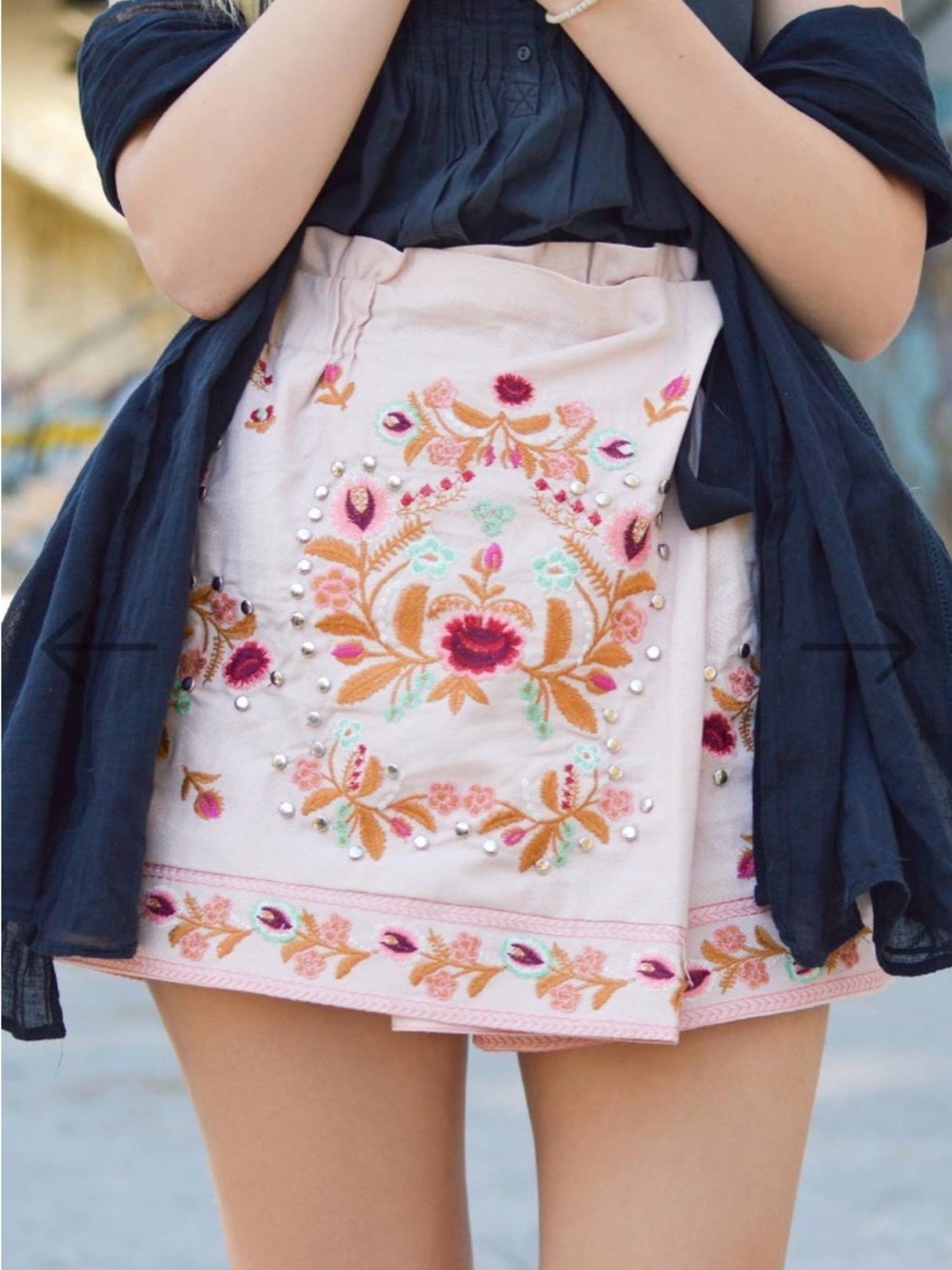 Zara Blush Pink Embroidered Mini Skirt with Multicolor Floral Accents Boho